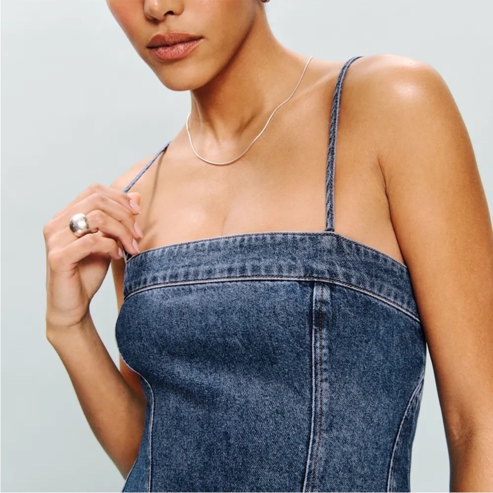 NEW Reformation Elma Denim A-Line Spaghetti Strap Mini Dress Size 0 - Picture 3 of 11